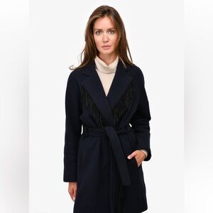 MAJE NAVY BLUE WOOL BLEND FRINGE TRIM WRAP COAT SIZE 2 Medium